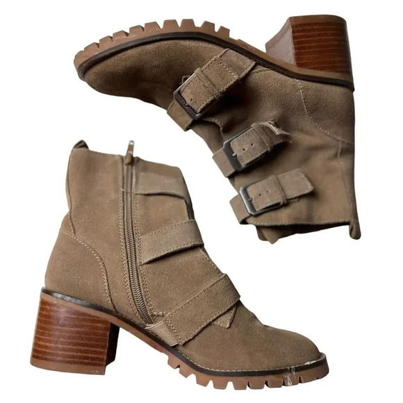 Crown Vintage Asisa Tan Suede Leather Triple Buckle Moto Boots Size 8.5 Women’s - Picture 2 of 8